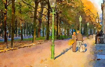 het echtpaar loopt op straat, in aquarelstijl.... van Ariadna de Raadt-Goldberg