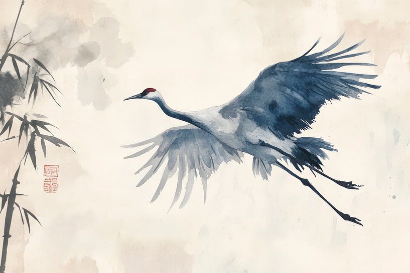 Crane in flight - watercolour art by Poster Art Shop