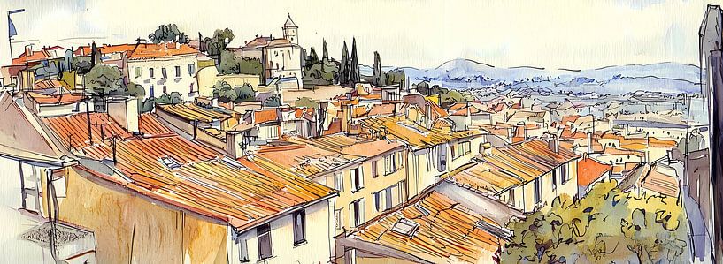 Panorama d'aquarelle tiré d'un album de croquis par Ariadna de Raadt-Goldberg