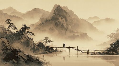 Japanse kunst  landschap met brug en  bergen