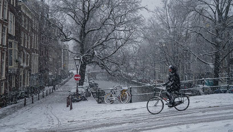 Amsterdamse fietser in de sneeuw van Toon van den Einde