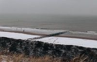 Duinen, strandpalen en zee in de sneeuw van Percy's fotografie thumbnail
