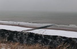 Dünen, Strandpfähle und Meer im Schnee