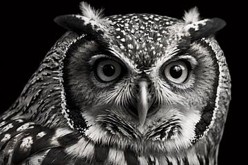 Zwart-wit uil close-up kunst van Art & Soul Creations