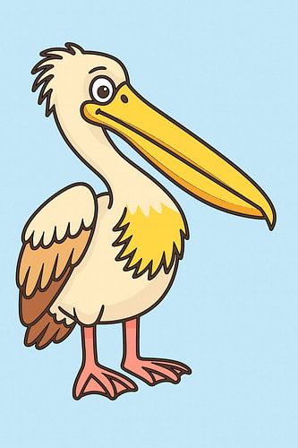 Un pélican rigolo dessiné sur fond bleu.