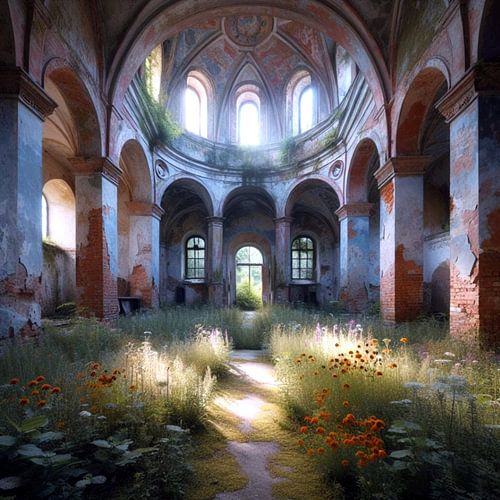 Wilde bloemen in verlaten kloostertuin