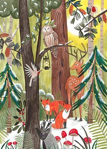 Forêt verte de Noël avec animaux