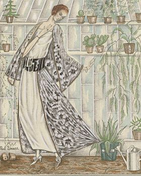 Die Frau und ihre Pflanzen | Kaktus, Gewächshaus, Mode | Vintage Art Deco Werbung