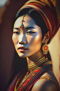 Asian lady II.Ethnic portrait. digital painting of asian tribal lady with earth tone colors by Dreamy Faces