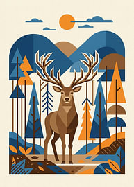 Modern Geometric Deer in Forest Landscape Minimalist Nature Vector Illustration