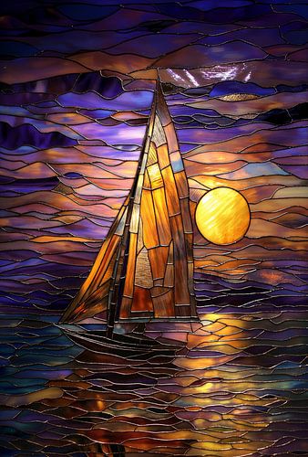 stained-glass artwork depicting a sailing boat