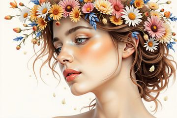 Mooie vrouw poseert met bloemenkroon en bloemblaadjes rondom van Markus Gann