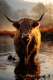 Golden Hour Schottischer Highlander im Wasser von Digitale Schilderijen