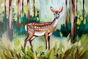 Hert in kleurrijk bos schilderij van Art & Soul Creations