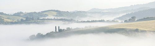 Die toskanische Landschaft lichtet den Morgendunst