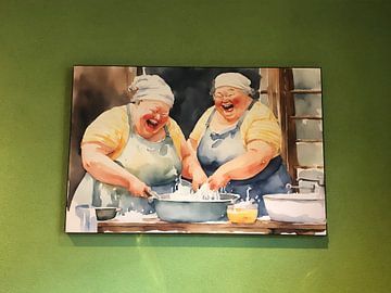 Customer photo: 2 sociable ladies have a lot of fun while doing the dishes by De gezellige Dames