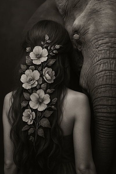 Elephant &amp; woman in harmony - black &amp; white close-up with floral detail by Kleurenrijk