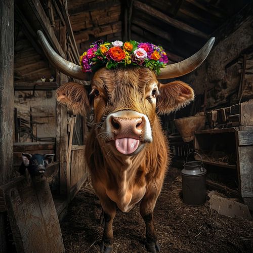 Alpenglück - Traditional barn with flower-crowned cattle