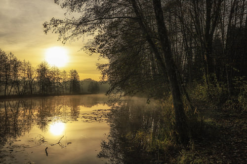 Herfstochtend kort na zonsopgang in het natuurreservaat Schwackenreuter Seen bij Mühlingen