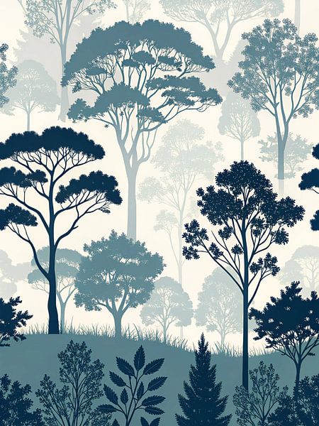 Sérénité mystique de la forêt bleue : Un motif d'arbre aquarelle sans couture par Artistic