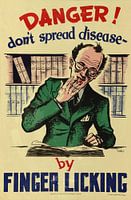 Information poster to prevent the spread of diseases by not licking fingers from 1950
