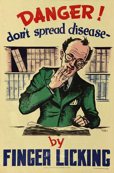 Informatieposter om verspreiding van ziekten tegen te gaan door niet aan vingers te likken uit 1950 van Atelier Liesjes