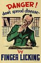 Informatieposter om verspreiding van ziekten tegen te gaan door niet aan vingers te likken uit 1950 van Atelier Liesjes thumbnail
