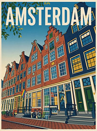 Vintage-Reiseplakat Amsterdam – Charakteristische Grachtenhäuser im Jordaan mit Treppenhaus