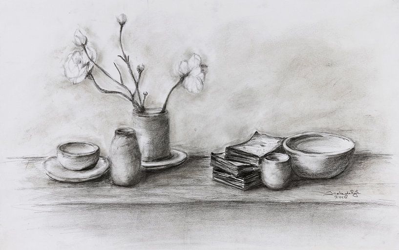 Still life in black and white , Japandi style , Hand-drawn by Ineke de Rijk
