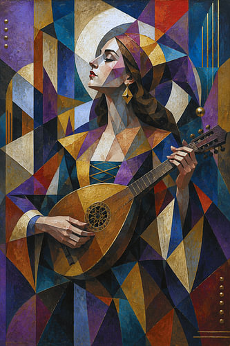 Female Minstrel Playing the Lute, a cubist painting.