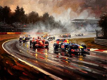 Peinture à l'huile représentant une course de F1 sur le circuit de Suzuka