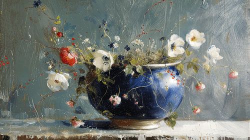 Stilleven blauwe pot met bloemen