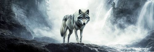 Grijze wolf met mystieke waterval op de achtergrond