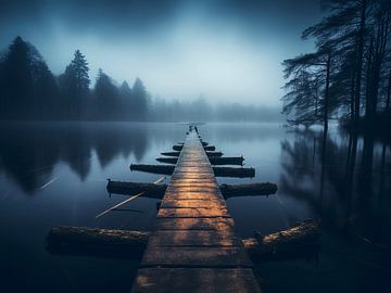 Embarcadère en bois sur le lac ensoleillé sur haroulita