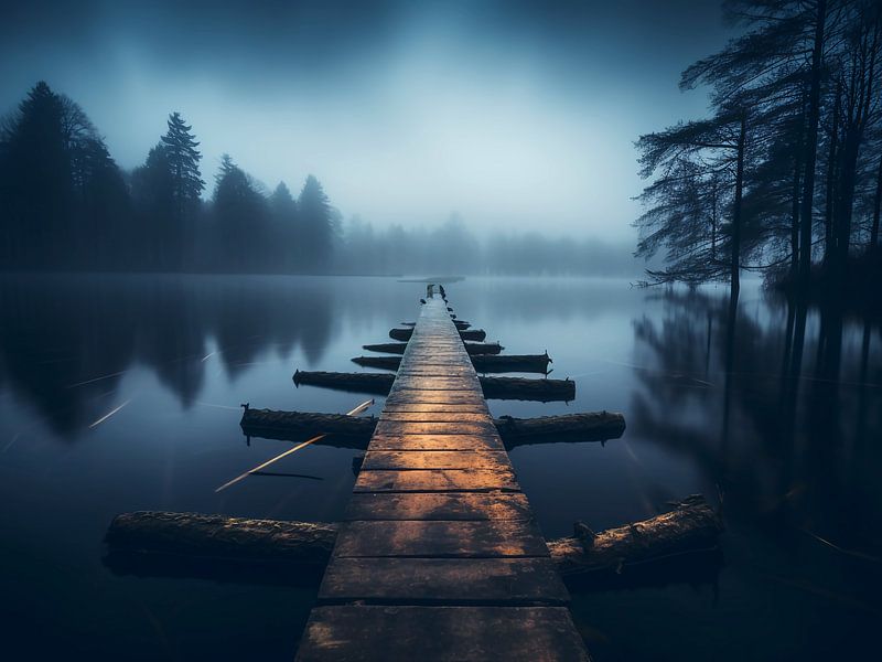 Wooden pier in the moody lake by haroulita