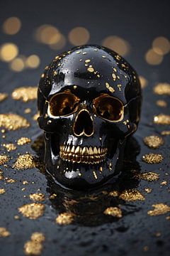 Crâne en or noir sur pierre naturelle sur De Muurdecoratie