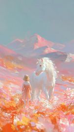 Meisje met wit paard in betoverend bloemen landschap van Lauren Wilde