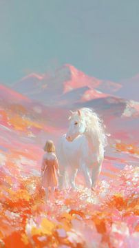 Mädchen mit weißem Pferd in bezaubernder Blumenlandschaft von Lauren Wilde