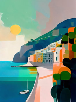 Urlaubsgefühl! Farbenfrohes, abstraktes mediterranes Küstendorf unter der Sonne