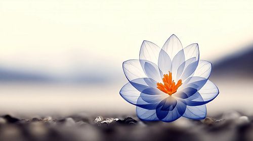 Blauwe bloem op kiezels in lentestilte