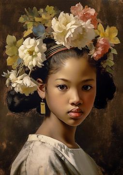 Aziatisch meisje met bloemen in het haar van Luc de Zeeuw