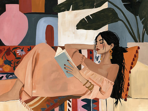 Portret van lezende vrouw in bohemian interieur