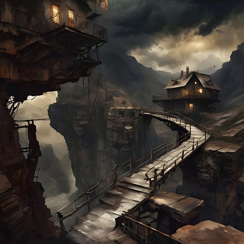 Houses in a deep ravine, steampunk