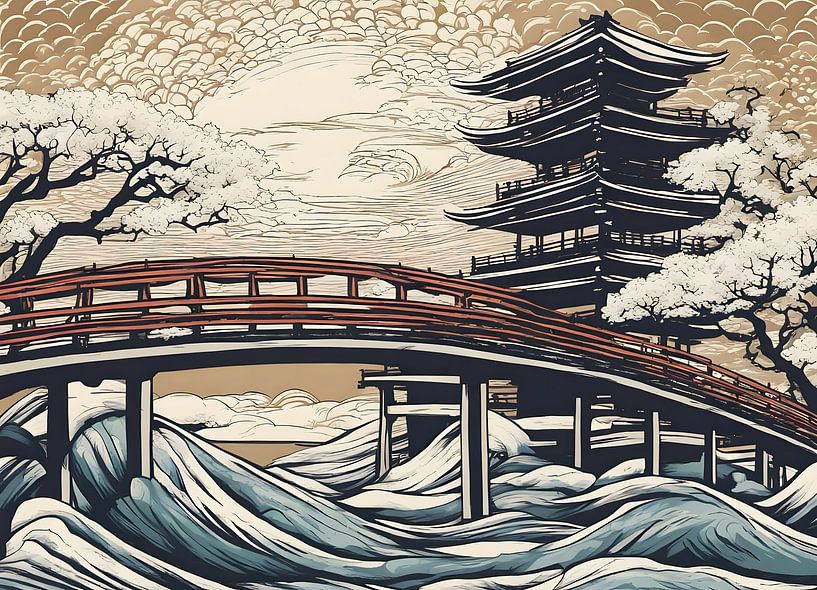 Bridge with wild water with temple in background by Woodblocks en Posters