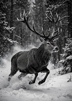 Ein majestätischer Hirsch rennt durch den Winterschnee
