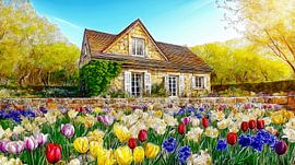 Des fleurs devant un cottage en pierre au printemps sur Frank Heinz