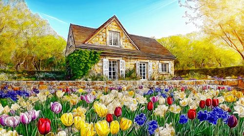 Des fleurs devant un cottage en pierre au printemps