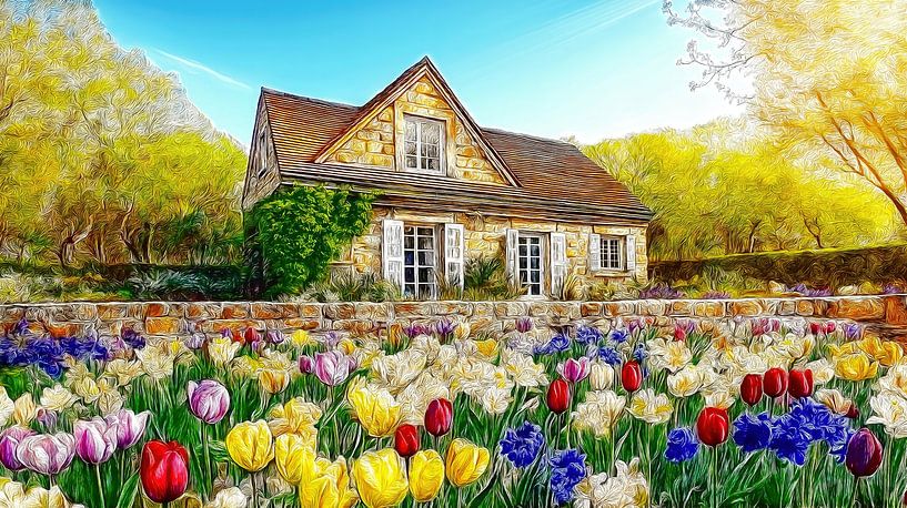 Splendour of flowers in front of the stone cottage in spring by Frank Heinz