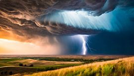 Tornado storm, bliksem en donkere wolken in het landschap