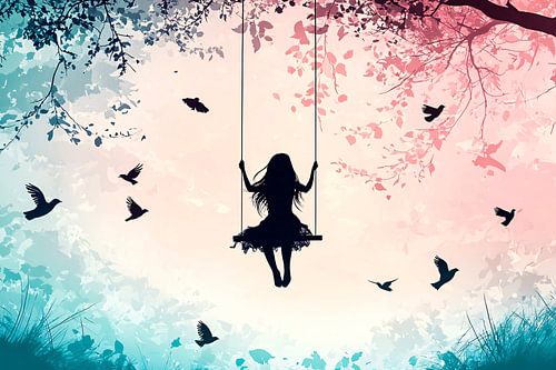 Meisje op schommel met vogels